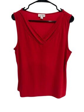 Tahari Red Pleated Plunge V-Neck Sleeveless Blouse Size Large Preppy Chic